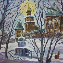 Гусарова Мария. Станковая композиция "Крещенское утро". Бумага, гуашь. Преподаватель Древаль Н.А.